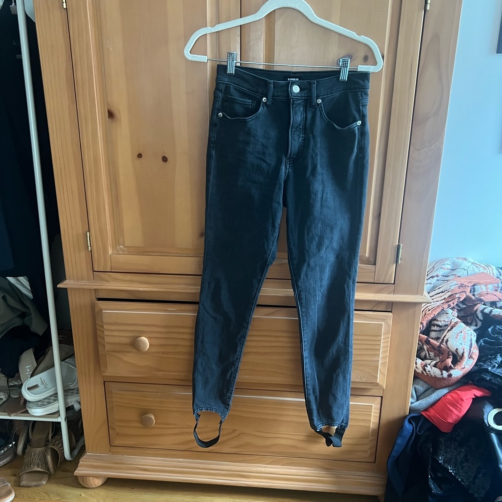 NWOT Express High Waisted Washed Black Stirrup Jeans